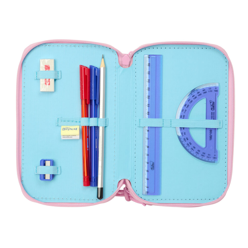 Plumier triple Stitch Disney rosa y turquesa con material escolar - 4