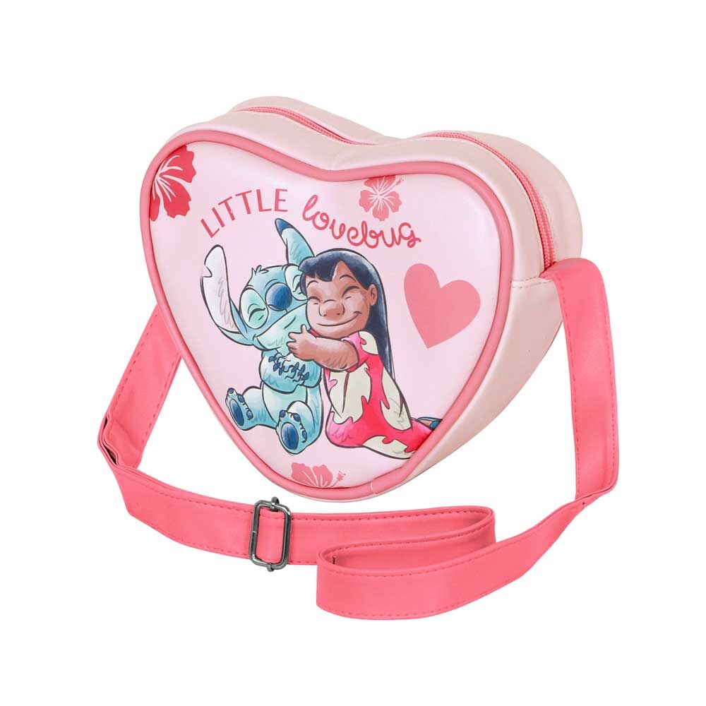 Bolso bandolera rosa en forma de corazón con Stitch y Lilo