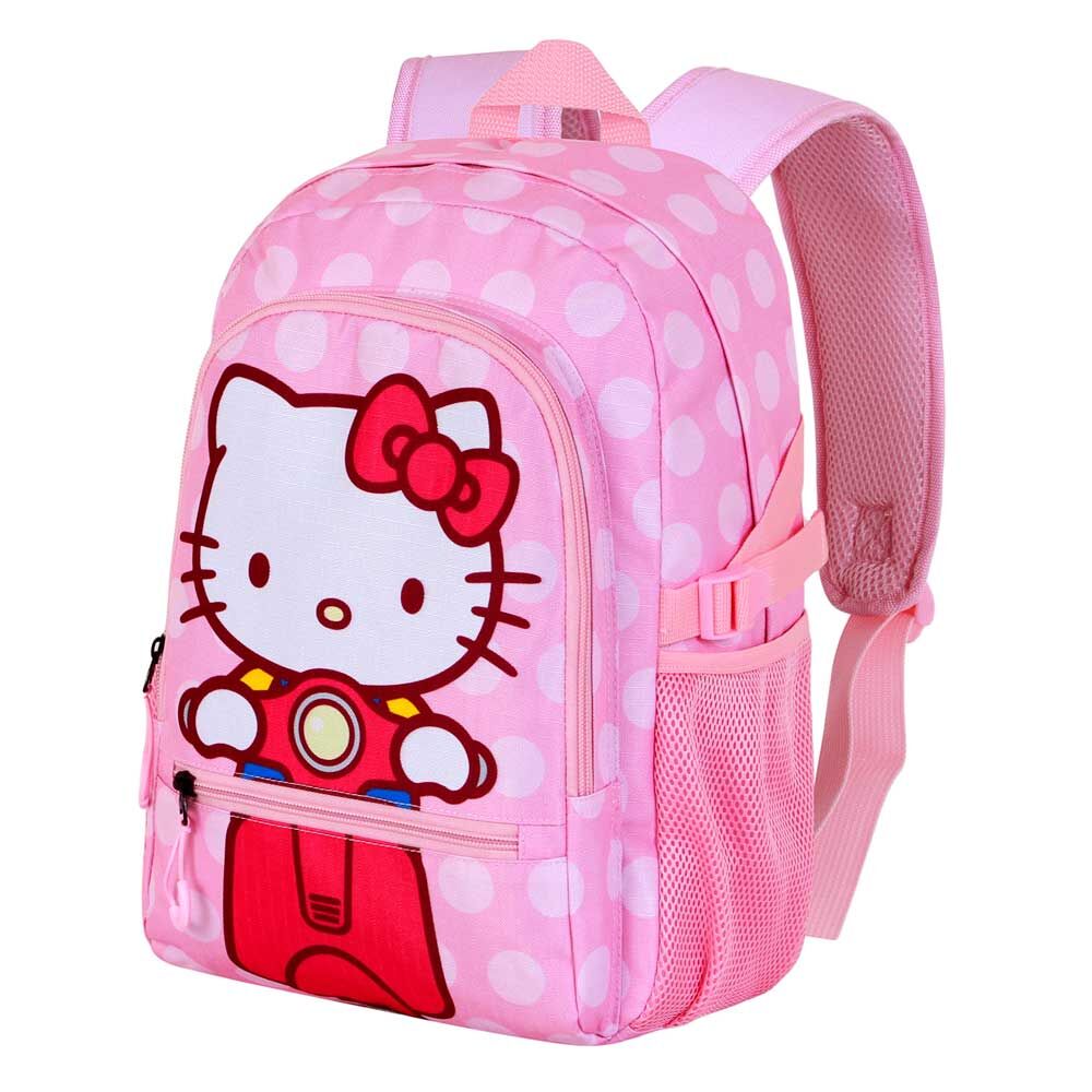 Mochila rosa de Hello Kitty con lunares, bolsillo frontal y lateral de malla