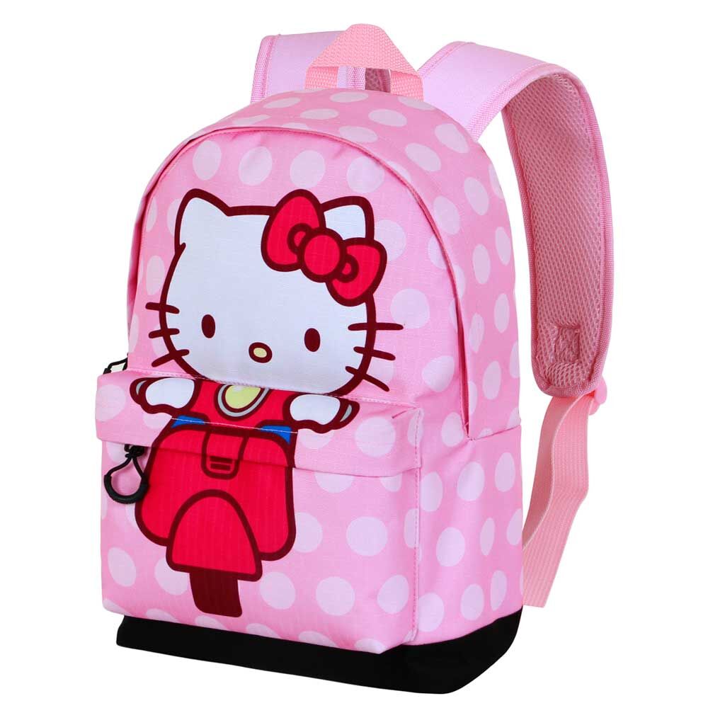 Mochila rosa de Hello Kitty con lunares blancos y bolsillo frontal