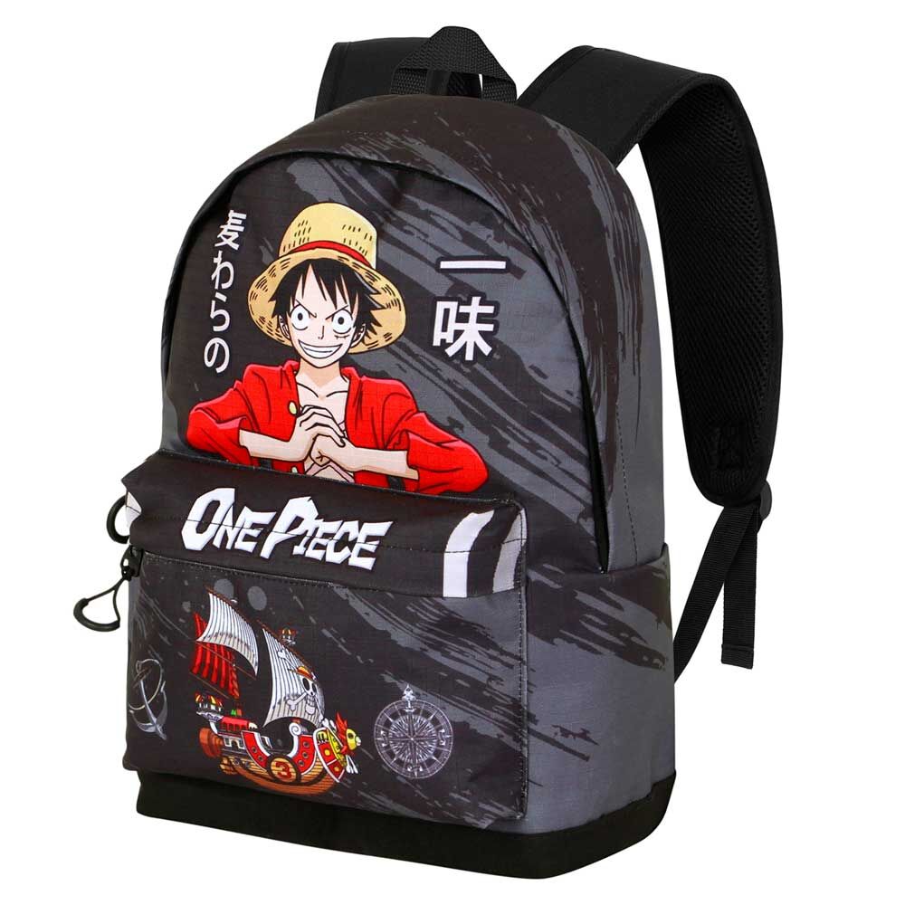 Mochila negra de One Piece con Luffy y el barco de la tripulación