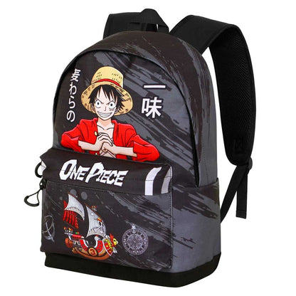 Mochila negra de One Piece con Luffy y el barco de la tripulación
