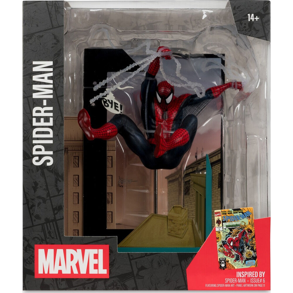 Figura de Spider-Man Marvel en escena urbana con telarañas