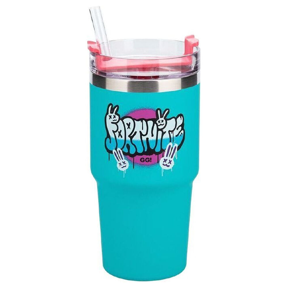 Vaso térmico Fortnite Gamer turquesa de 600 ml con tapa y pajita