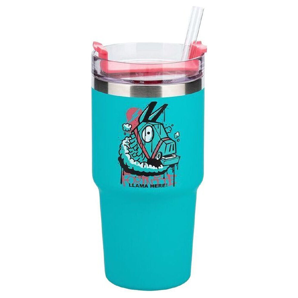 Vaso térmico Fortnite Gamer turquesa de 600 ml con tapa y pajita - 2