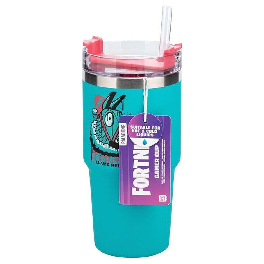 Vaso térmico Fortnite Gamer turquesa de 600 ml con tapa y pajita - 3