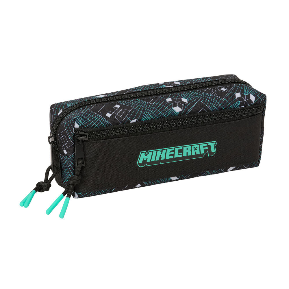 Portatodo triple Minecraft negro con tres cremalleras y detalles turquesa