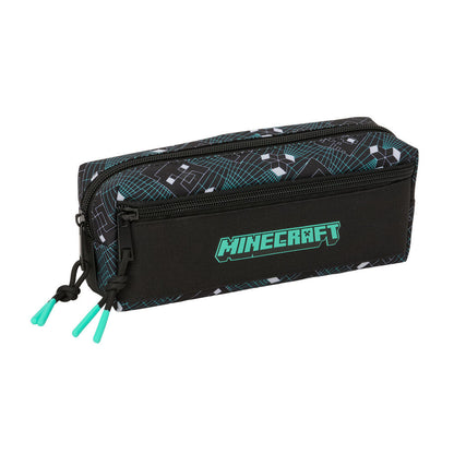 Portatodo triple Minecraft negro con tres cremalleras y detalles turquesa
