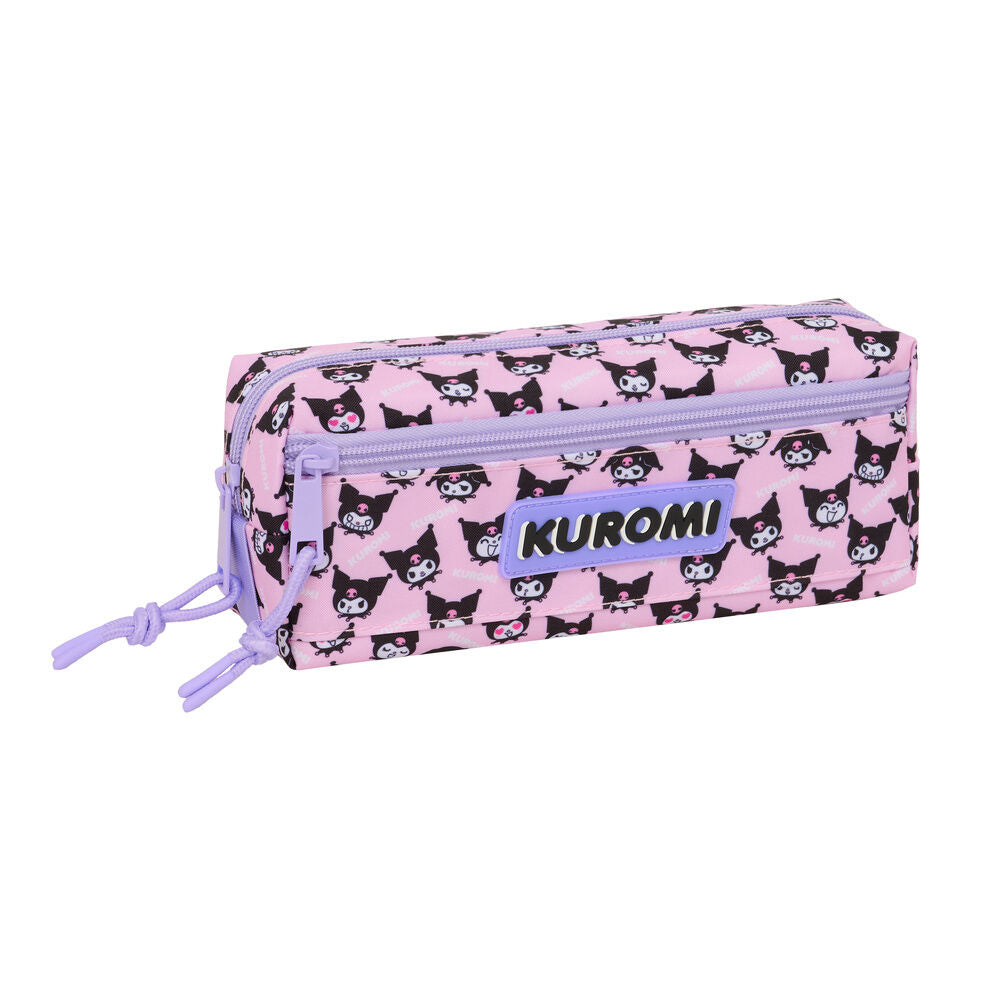 Portatodo triple Kuromi rosa con tres compartimentos y cremalleras lilas