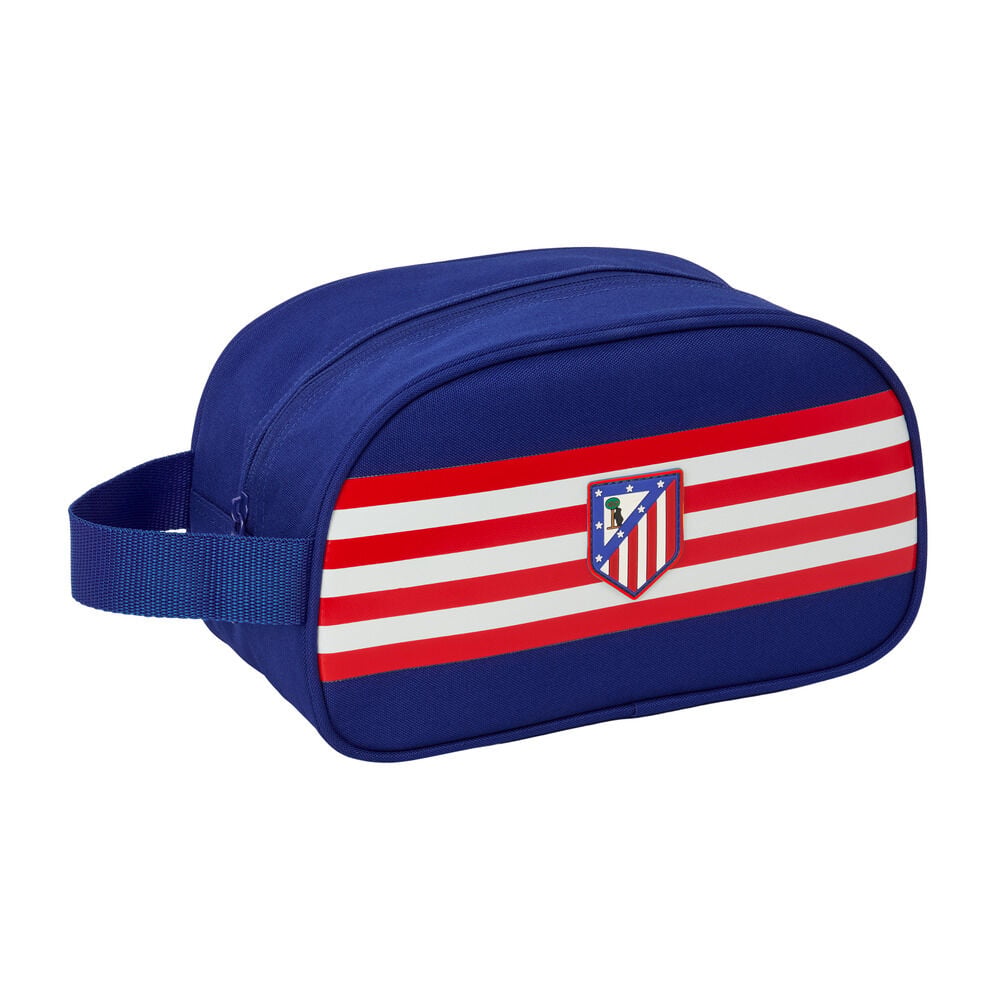 Neceser azul marino del Atlético de Madrid con franjas rojas y blancas