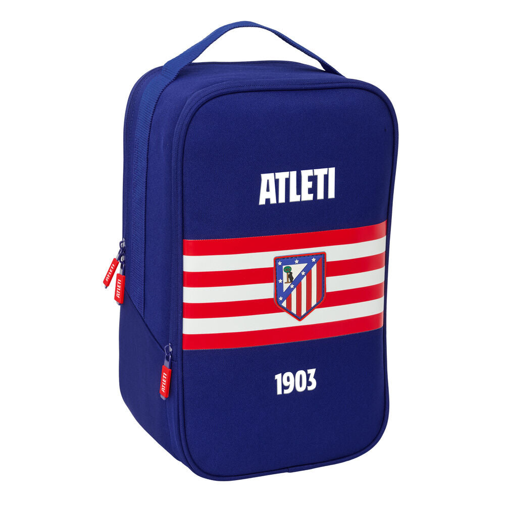 Zapatillero azul del Atlético de Madrid SAFTA con franjas rojas y blancas