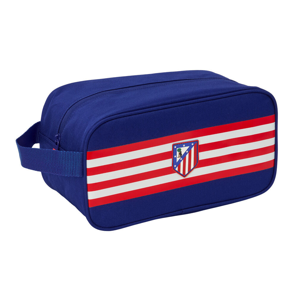 Zapatillero azul del Atlético de Madrid SAFTA con franjas rojas y blancas