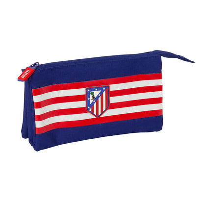 Portatodo triple azul del Atlético de Madrid con franjas rojas y blancas