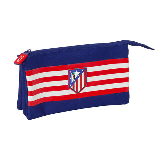 Portatodo triple azul del Atlético de Madrid con franjas rojas y blancas