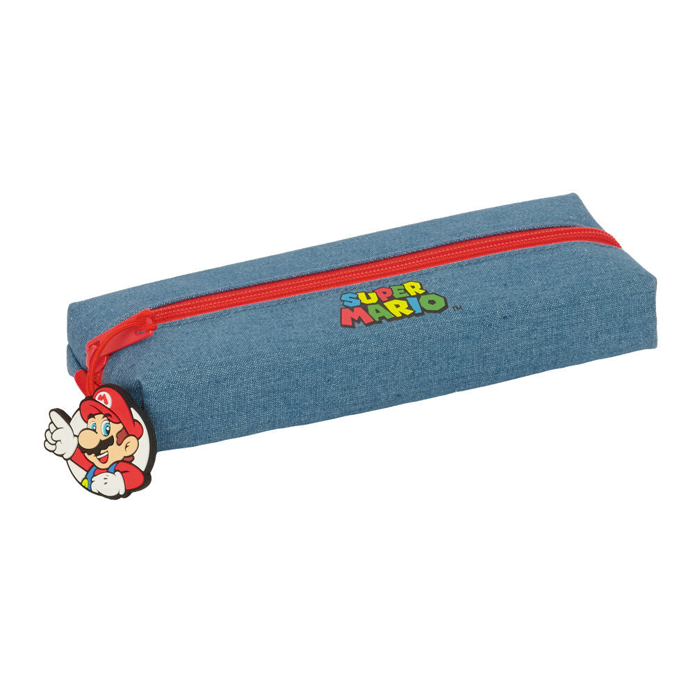 Portatodo azul de Super Mario con cremallera roja y colgante de Mario