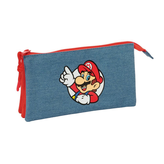 Portatodo triple Super Mario azul con cremalleras rojas