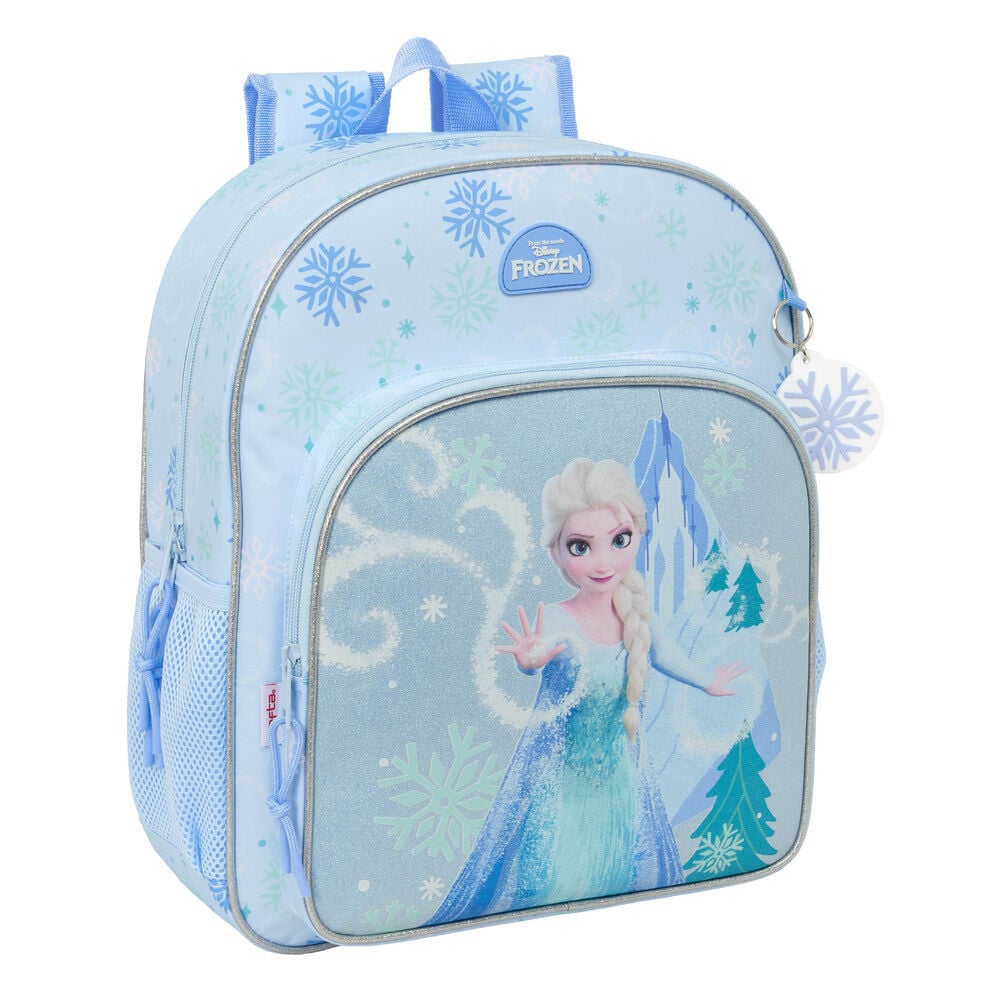 Mochila Frozen Disney azul con Elsa, copos de nieve y bolsillo frontal