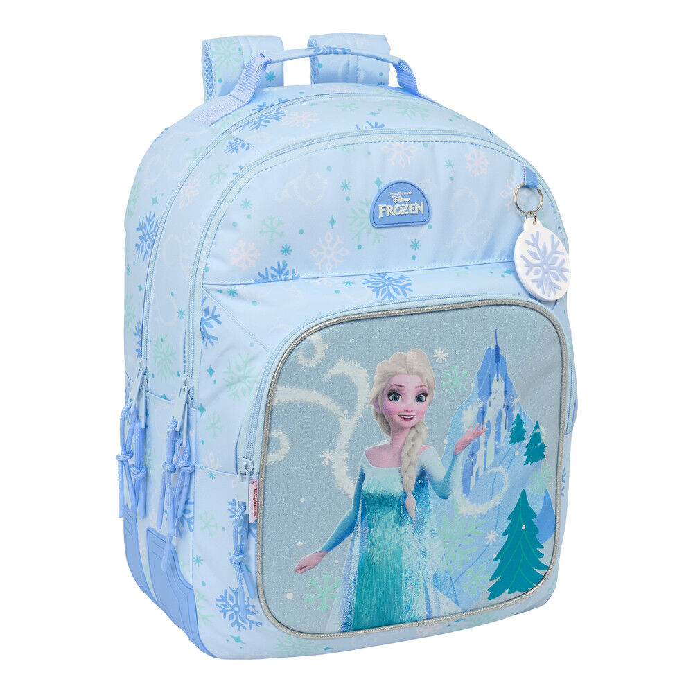 Mochila Frozen Disney azul con ilustración de Elsa y copos de nieve