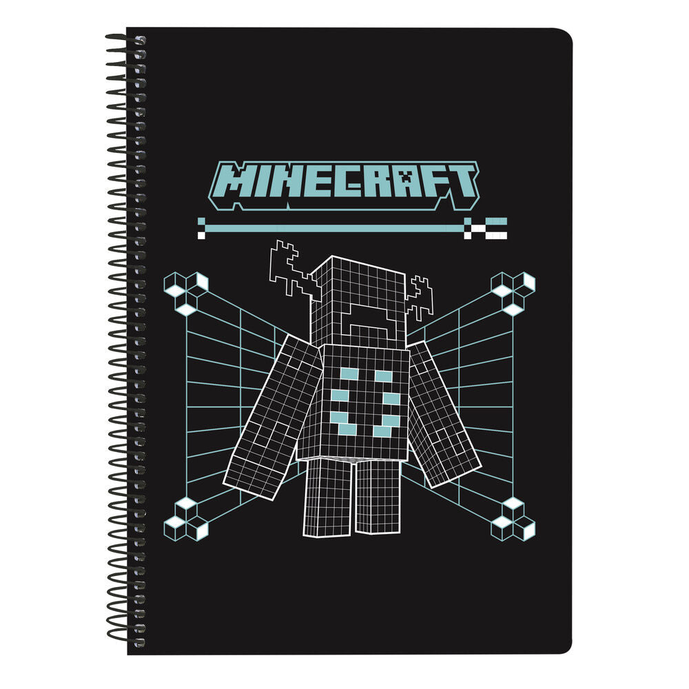 Cuaderno A5 Minecraft SAFTA negro con espiral metálico y personaje pixelado