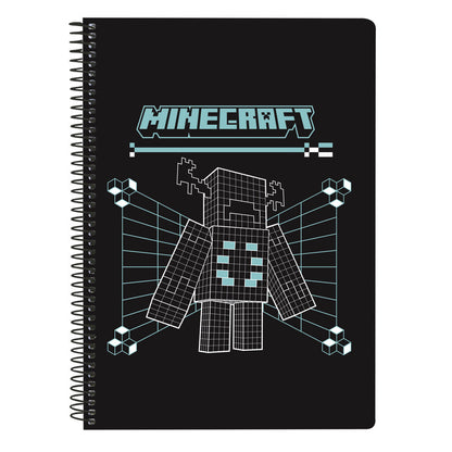 Cuaderno A5 Minecraft SAFTA negro con espiral metálico y personaje pixelado