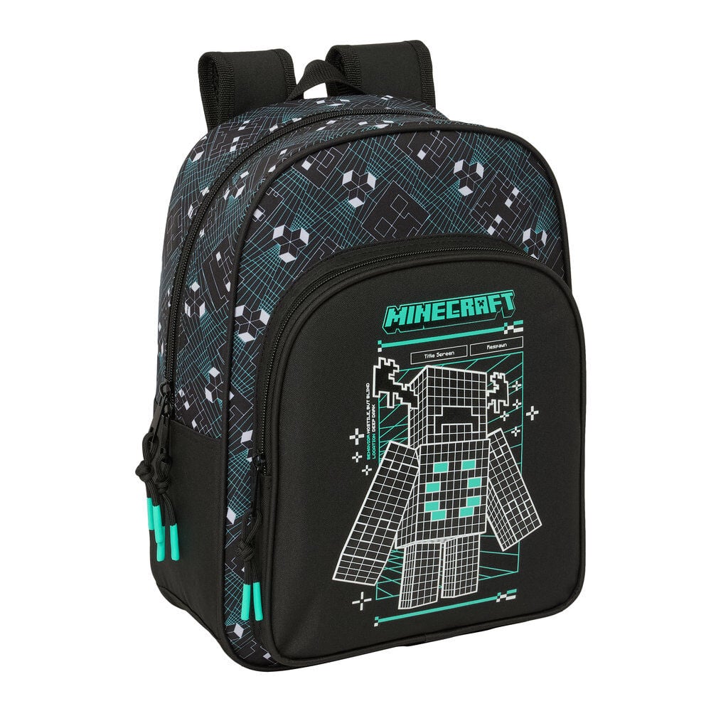 Mochila Minecraft Screen negra con personaje pixelado y detalles turquesa