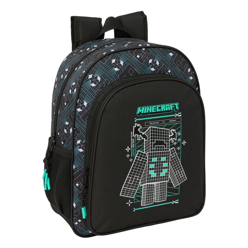 Mochila Minecraft negra de 38 cm con diseño pixelado turquesa y bolsillo frontal