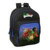 Mochila SAFTA Italian Brainrot negra y azul con personajes en el bolsillo frontal