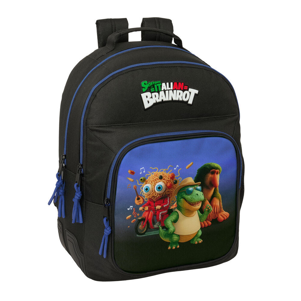 Mochila SAFTA Italian Brainrot negra y azul con personajes en el bolsillo frontal