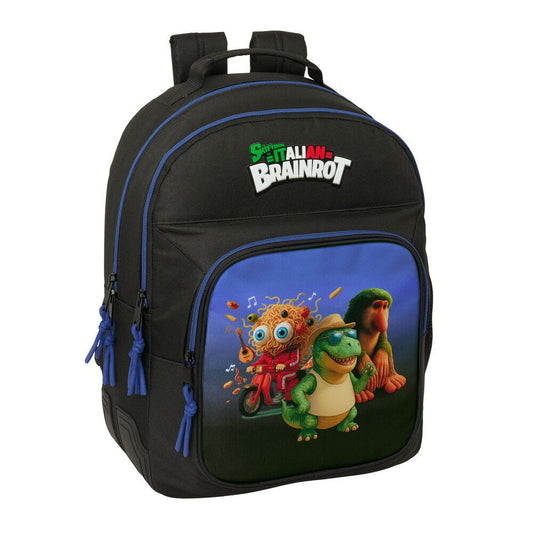 Mochila SAFTA Italian Brainrot negra y azul con personajes en el bolsillo frontal