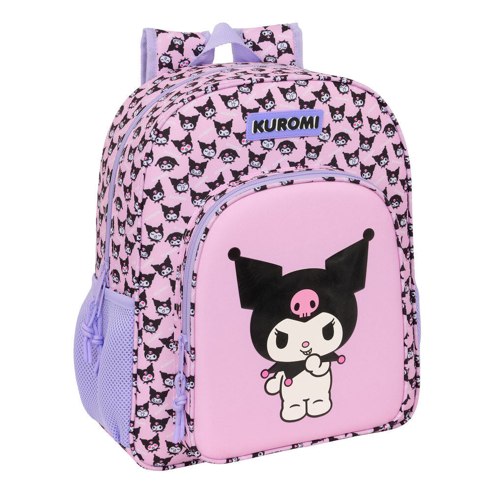 Mochila rosa de Kuromi con bolsillo frontal y bolsillos laterales