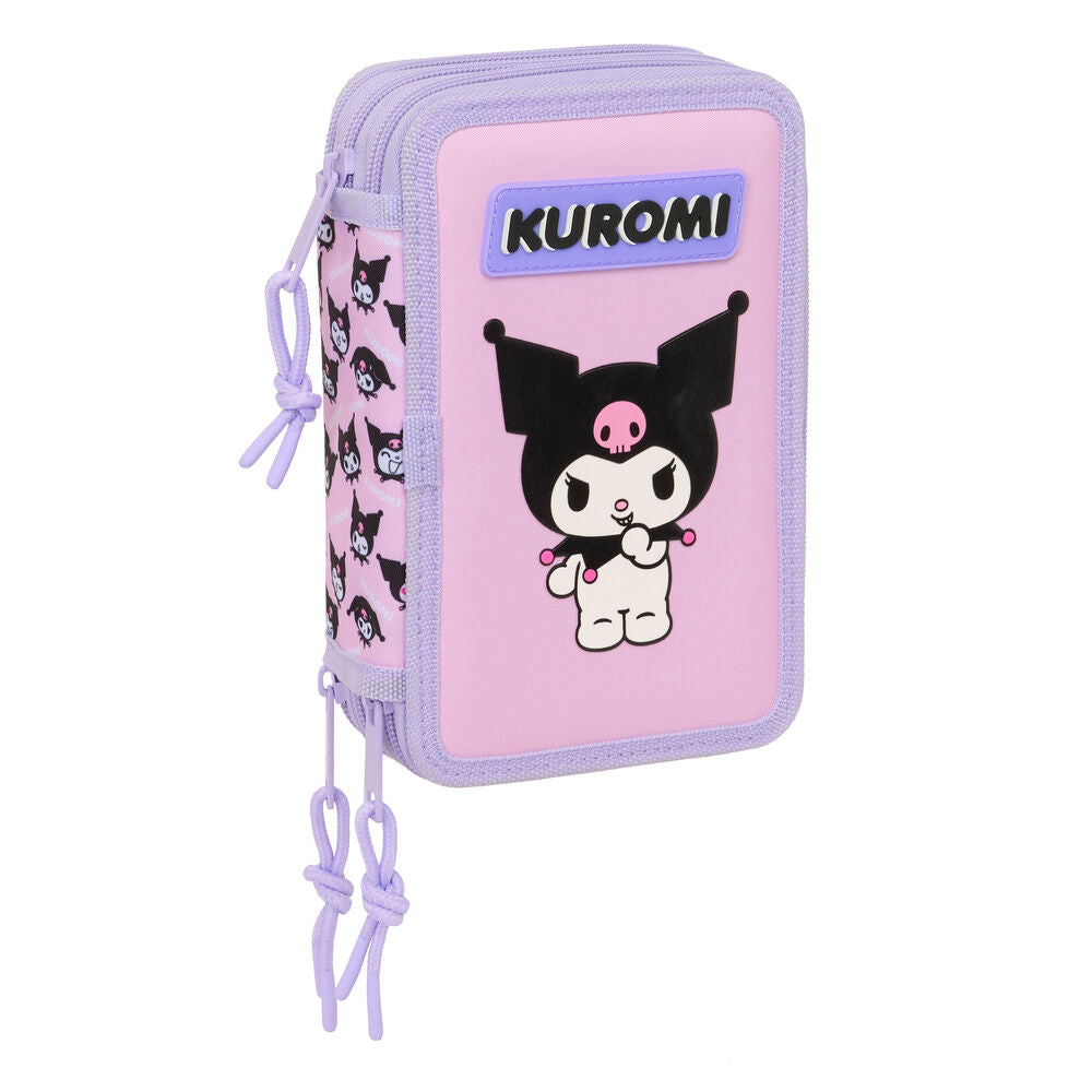 Portatodo triple Kuromi en tonos lila y rosa con material escolar