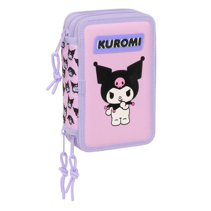 Portatodo triple Kuromi en tonos lila y rosa con material escolar