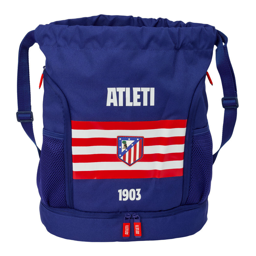 Saco mochila azul del Atlético de Madrid con franjas rojiblancas