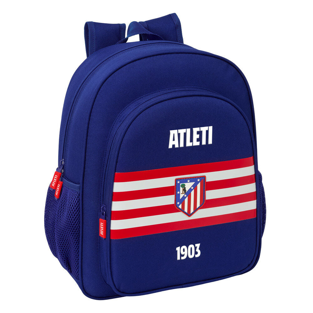 Mochila azul del Atlético de Madrid con franjas rojiblancas y escudo
