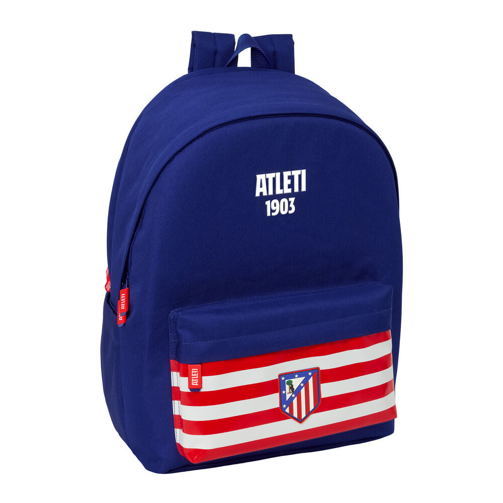 Mochila azul marino del Atlético de Madrid SAFTA con franjas rojas y blancas