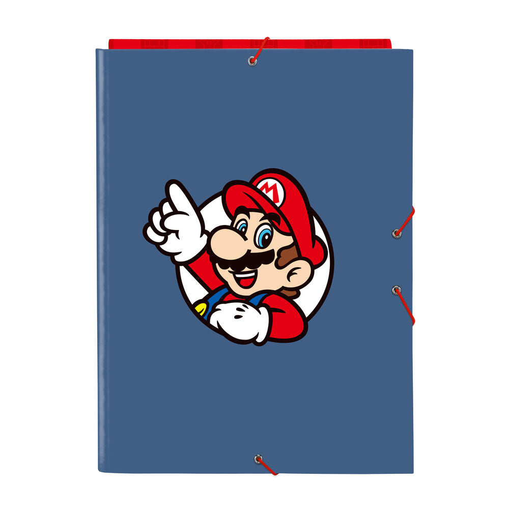Carpeta A4 azul de Super Mario con cierre de gomas y tres solapas