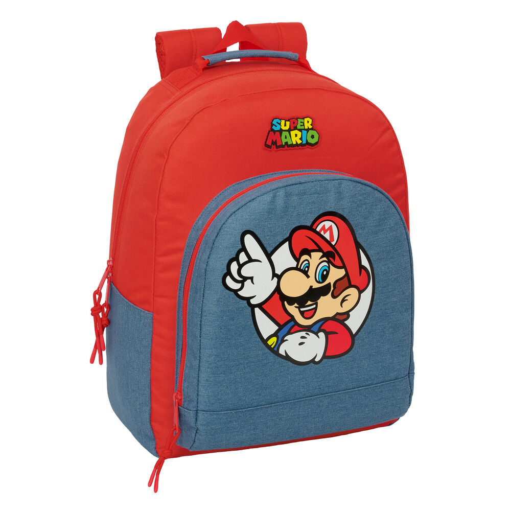 Mochila escolar roja y azul de Super Mario con bolsillo frontal