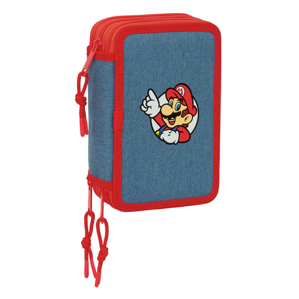 Plumier triple Super Mario azul y rojo con tres compartimentos