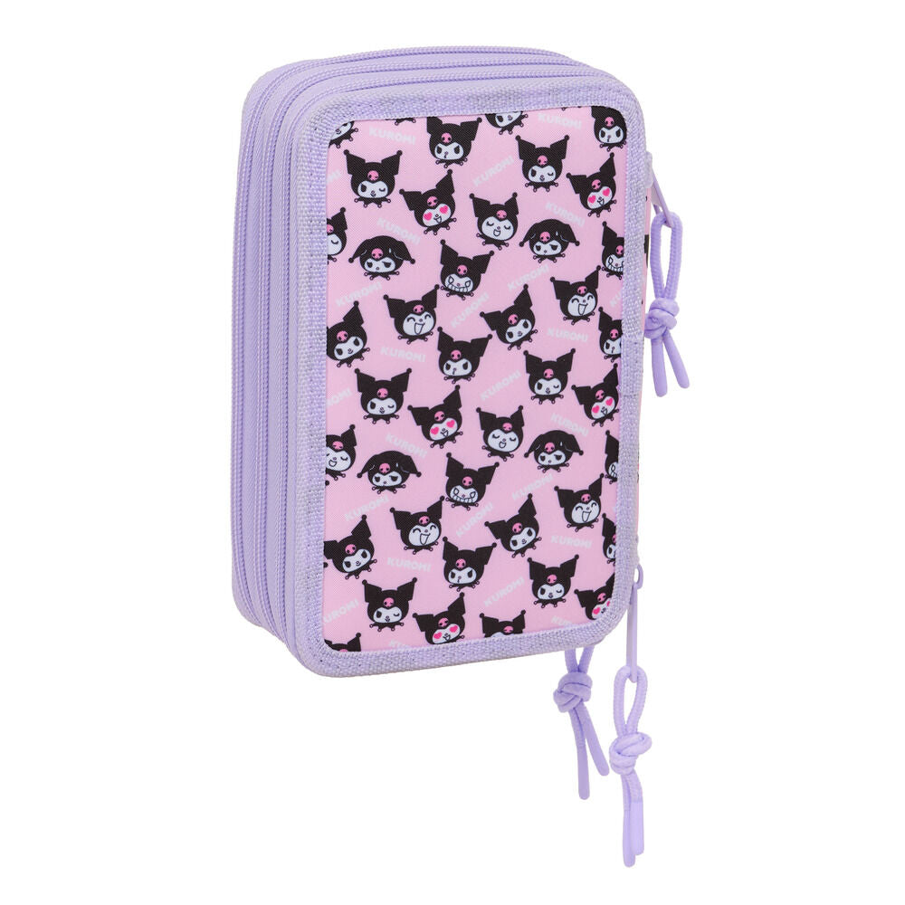 Portatodo triple Kuromi en tonos lila y rosa con material escolar - 2