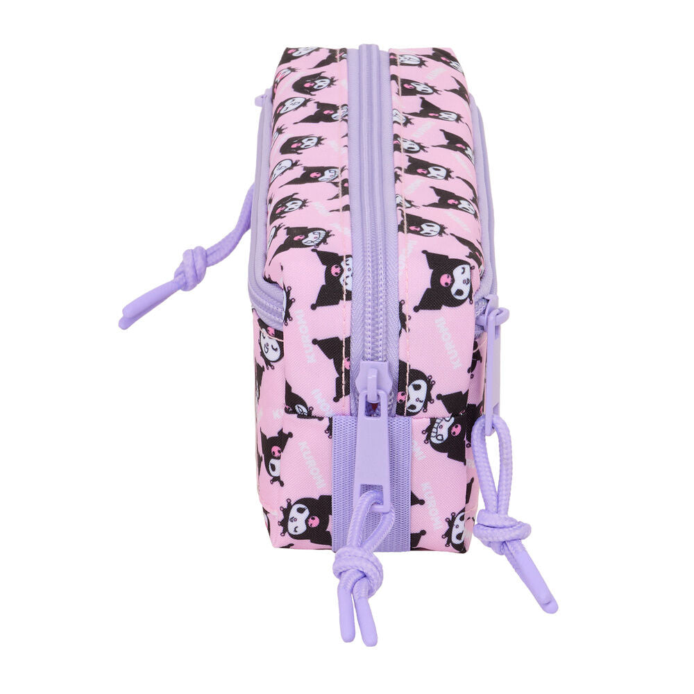 Portatodo triple Kuromi rosa con tres compartimentos y cremalleras lilas - 3