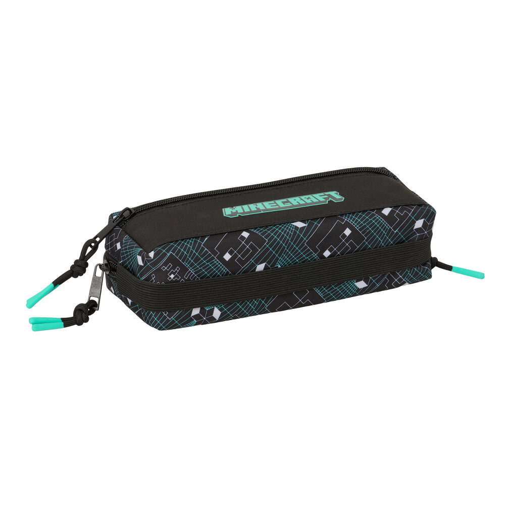 Portatodo triple Minecraft negro con tres cremalleras y detalles turquesa - 4