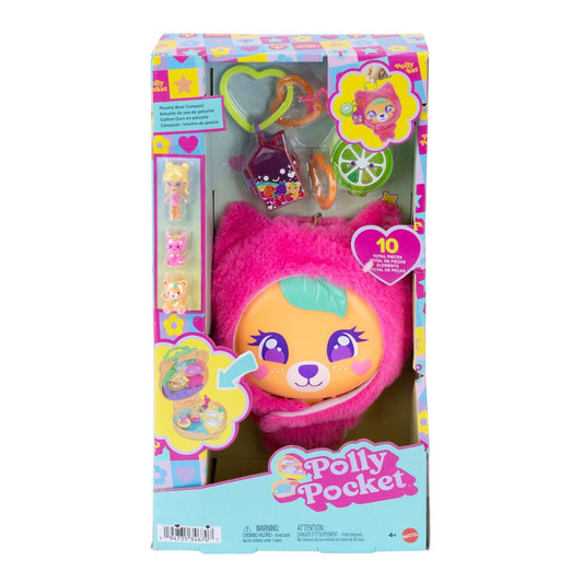 Estuche Polly Pocket con osito de peluche rosa, muñeca, mascotas y accesorios de fruta