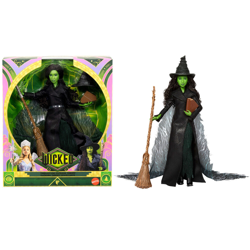Muñeca Elphaba de Wicked con vestido negro, capa, sombrero, escoba y Grimorio
