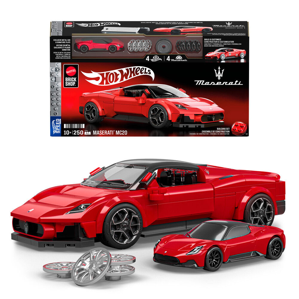 Set Mattel Brick Shop Hot Wheels Maserati MC20 rojo con coche metálico