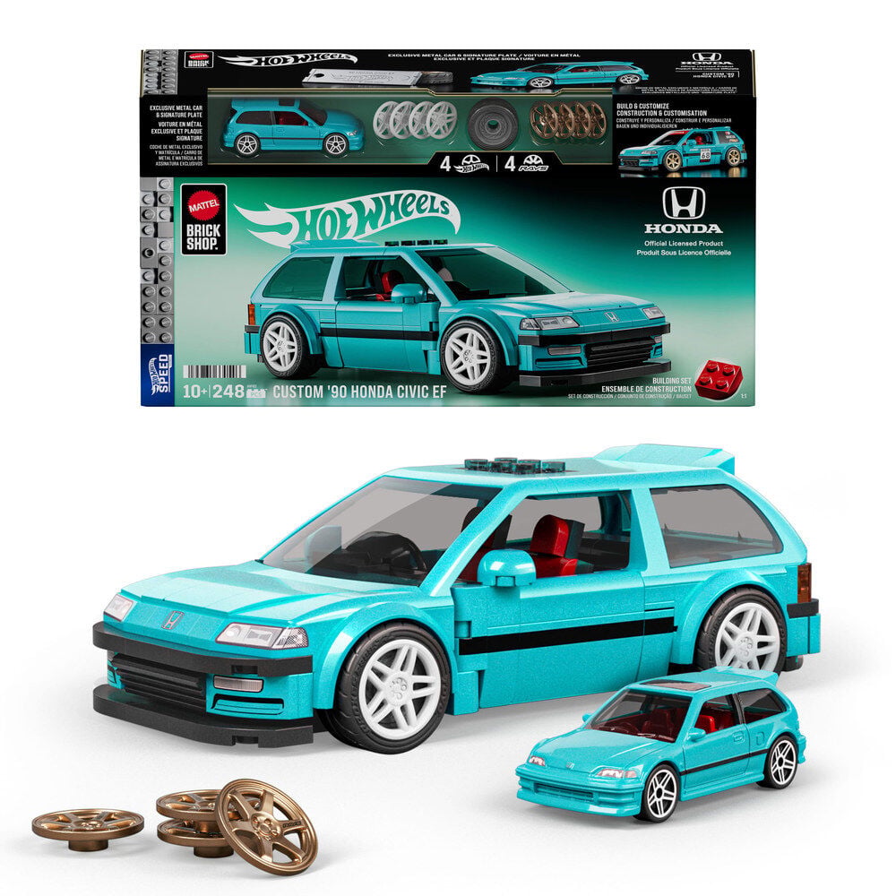 Set Mattel Brick Shop Hot Wheels Custom '90 Honda Civic EF turquesa con coche metálico