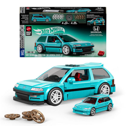 Set Mattel Brick Shop Hot Wheels Custom '90 Honda Civic EF turquesa con coche metálico