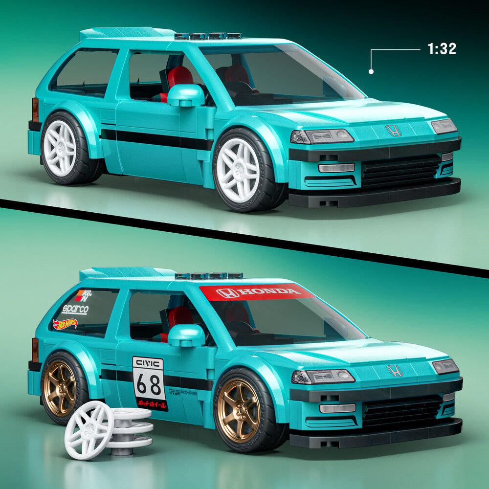 Set Mattel Brick Shop Hot Wheels Custom '90 Honda Civic EF turquesa con coche metálico - 3