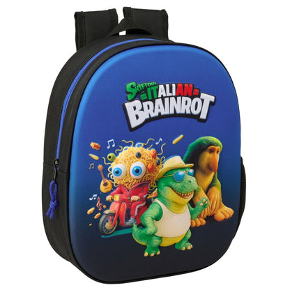 Mochila 3D azul Italian Brainrot de SAFTA con personajes en el frontal