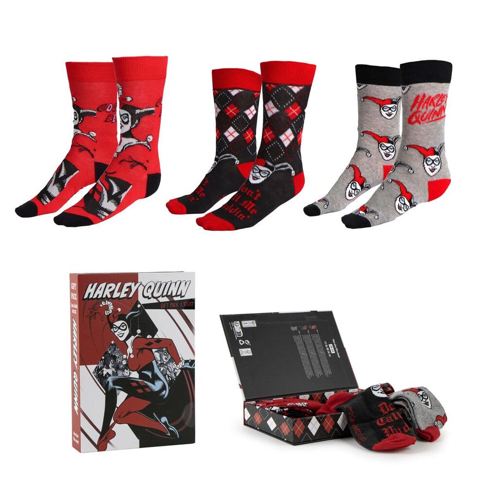 Set de calcetines Harley Quinn DC Comics con tres diseños en caja