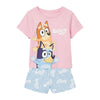 Pijama corto infantil Bluey rosa y azul con estampado de Bluey y Bingo